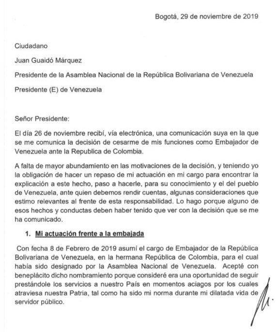 Carta de Calderón Berti a Juan Guaidó